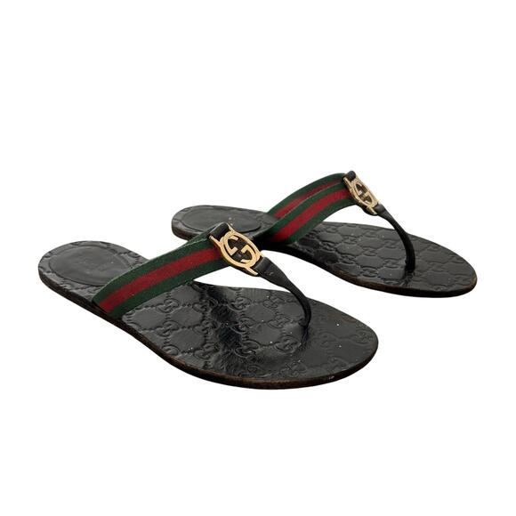 Gucci Interlocking GG Web Stripe Thong Sandals Black Flat Flip Flop Size EU 36.5 - Picture 1 of 10